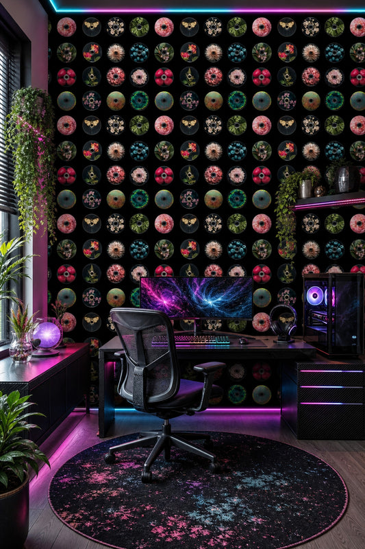 CD Discs Wallpaper Floral Collage Iridescent Holographic Decorative Mural