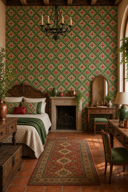 Ornamental Tile Wallpaper Raised Relief Green Lattice Removable Wall Decor