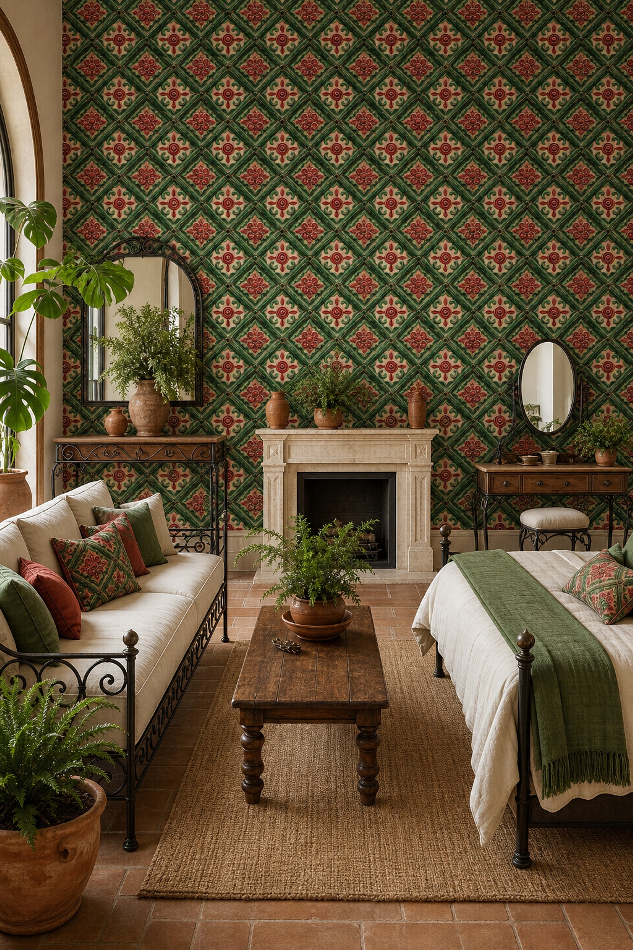 Ornamental Tile Wallpaper Raised Relief Green Lattice Removable Wall Decor