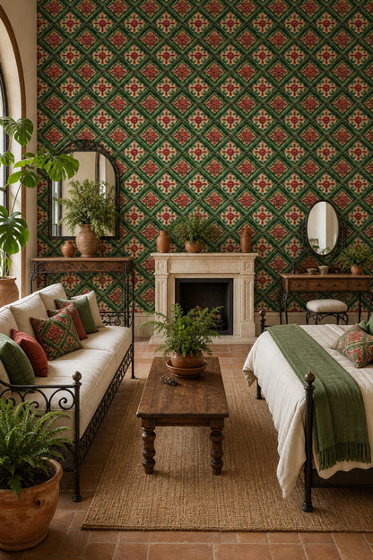 Ornamental Tile Wallpaper Raised Relief Green Lattice Removable Wall Decor