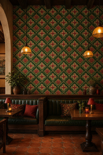 Ornate Tile Wallpaper Green Lattice Red Rosette Decorative Mural