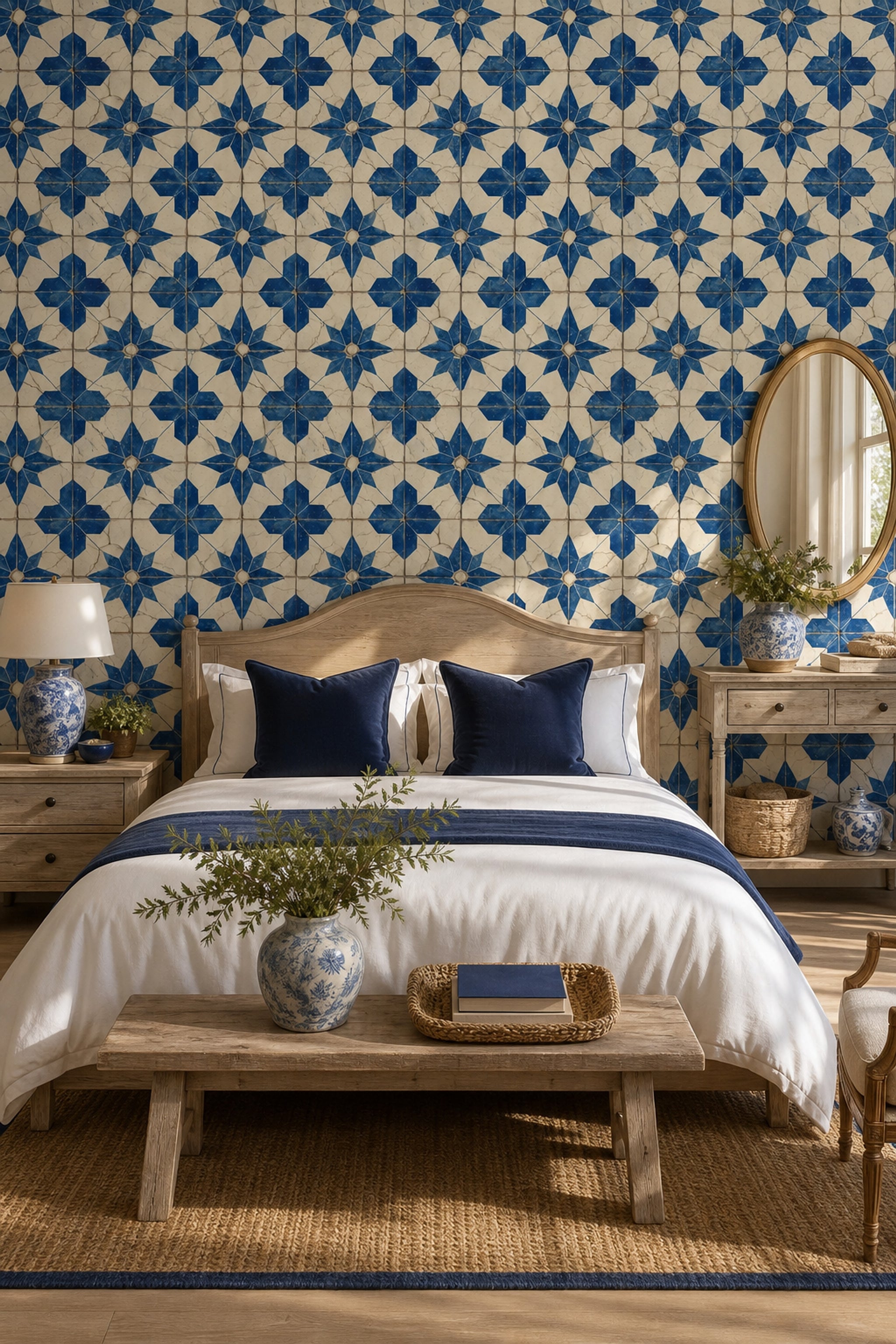 Geometric Tile Wallpaper Blue And White Starburst Rosette Decorative Mural
