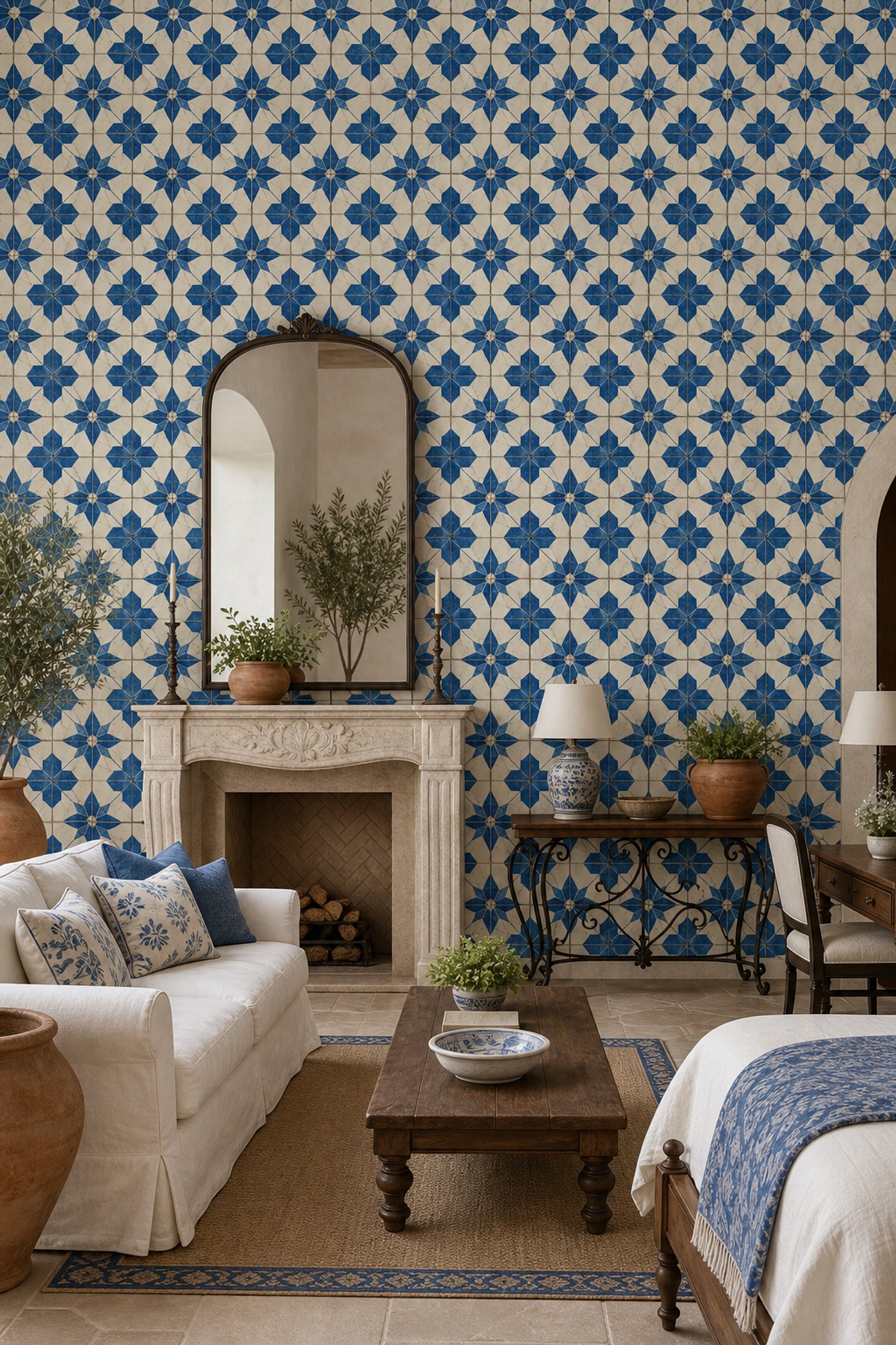 Geometric Tile Wallpaper Blue And White Starburst Rosette Decorative Mural