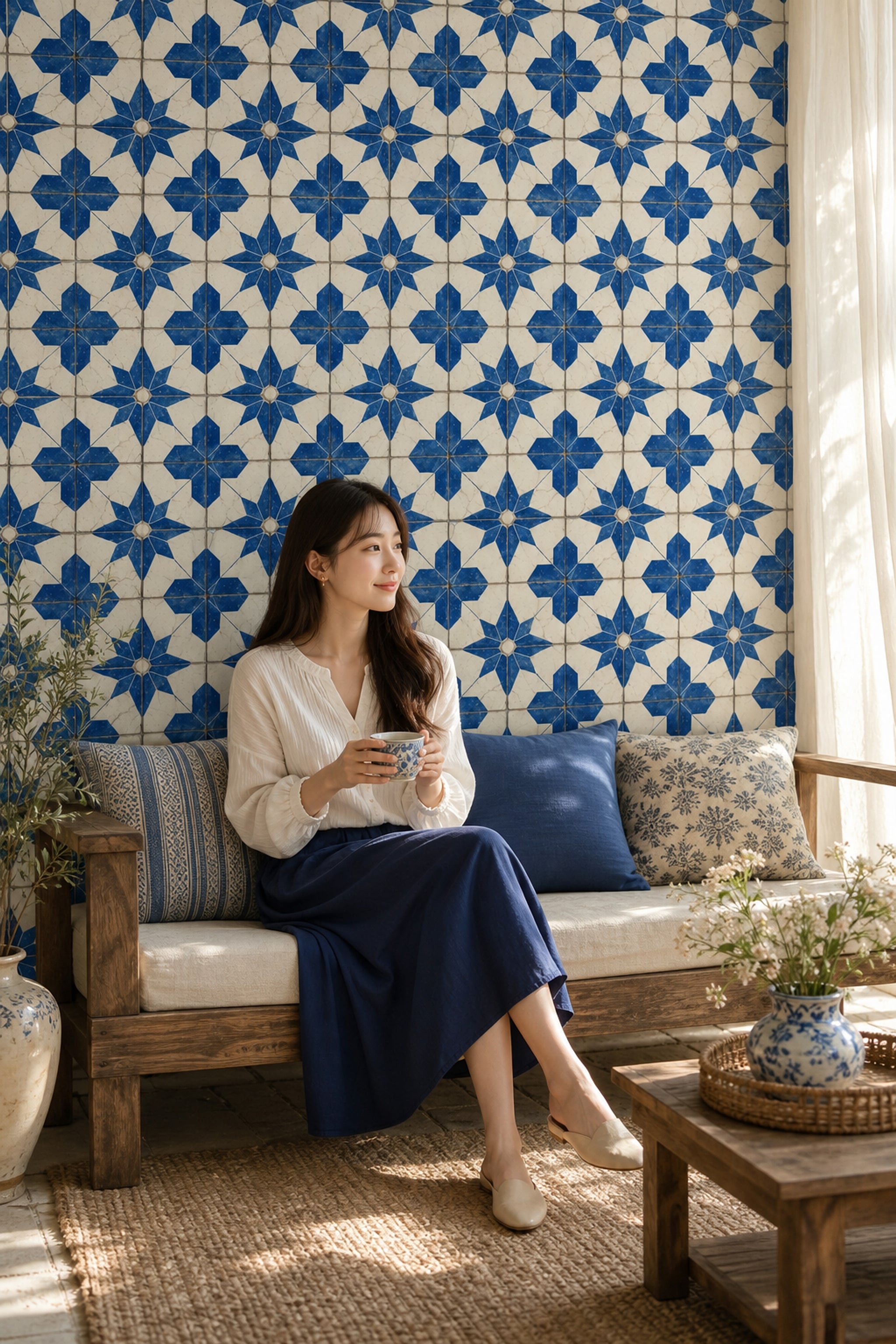Geometric Tile Wallpaper Blue And White Starburst Rosette Decorative Mural