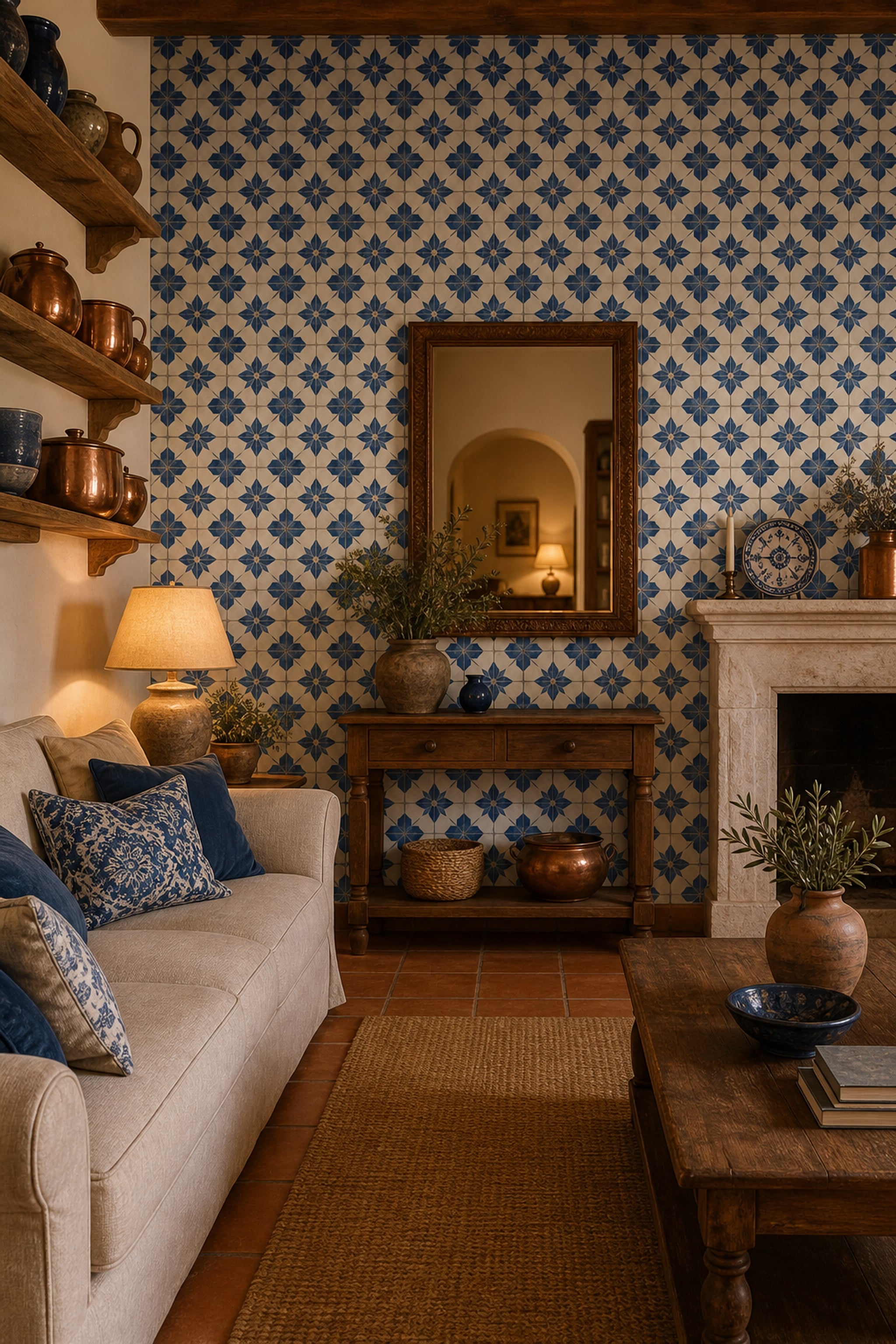 Geometric Tile Wallpaper Blue And White Starburst Rosette Decorative Mural
