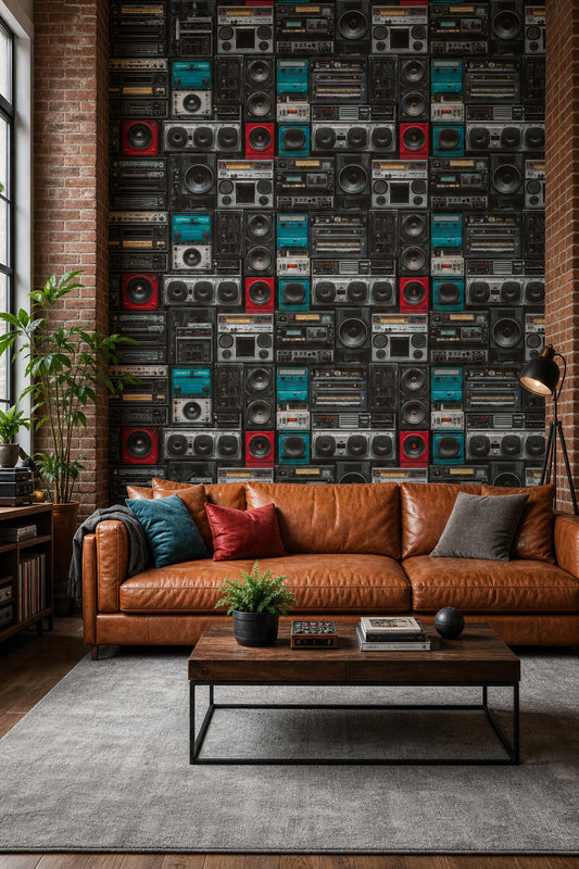 Vintage Boombox Wallpaper Dark Industrial Decorative Mural