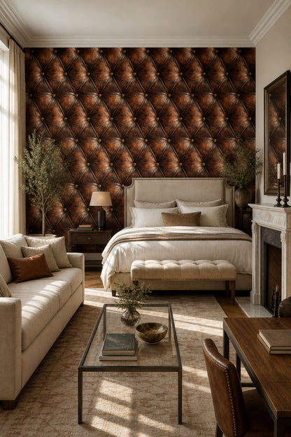 Dark Brown Leather Wallpaper Tufted Upholstery Diamond Quilted Removable Wall Decor