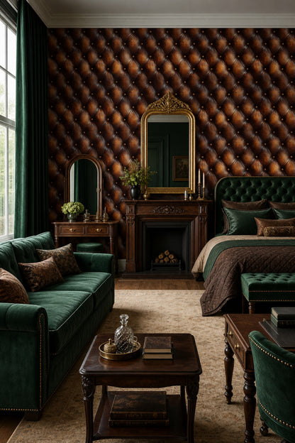 Dark Tufted Leather Wallpaper Diamond Quilted Chesterfield Style Decorative Mural