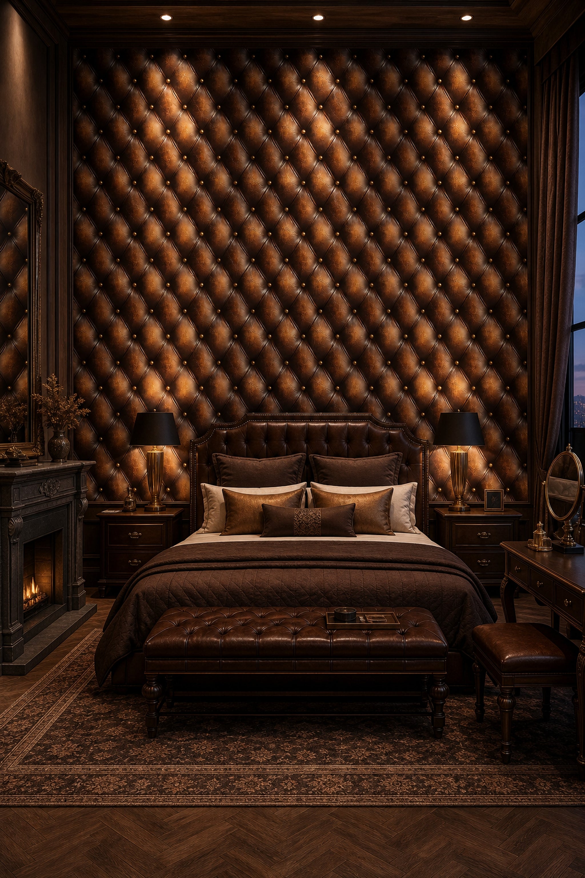 Dark Tufted Leather Wallpaper Diamond Quilted Chesterfield Style Decorative Mural