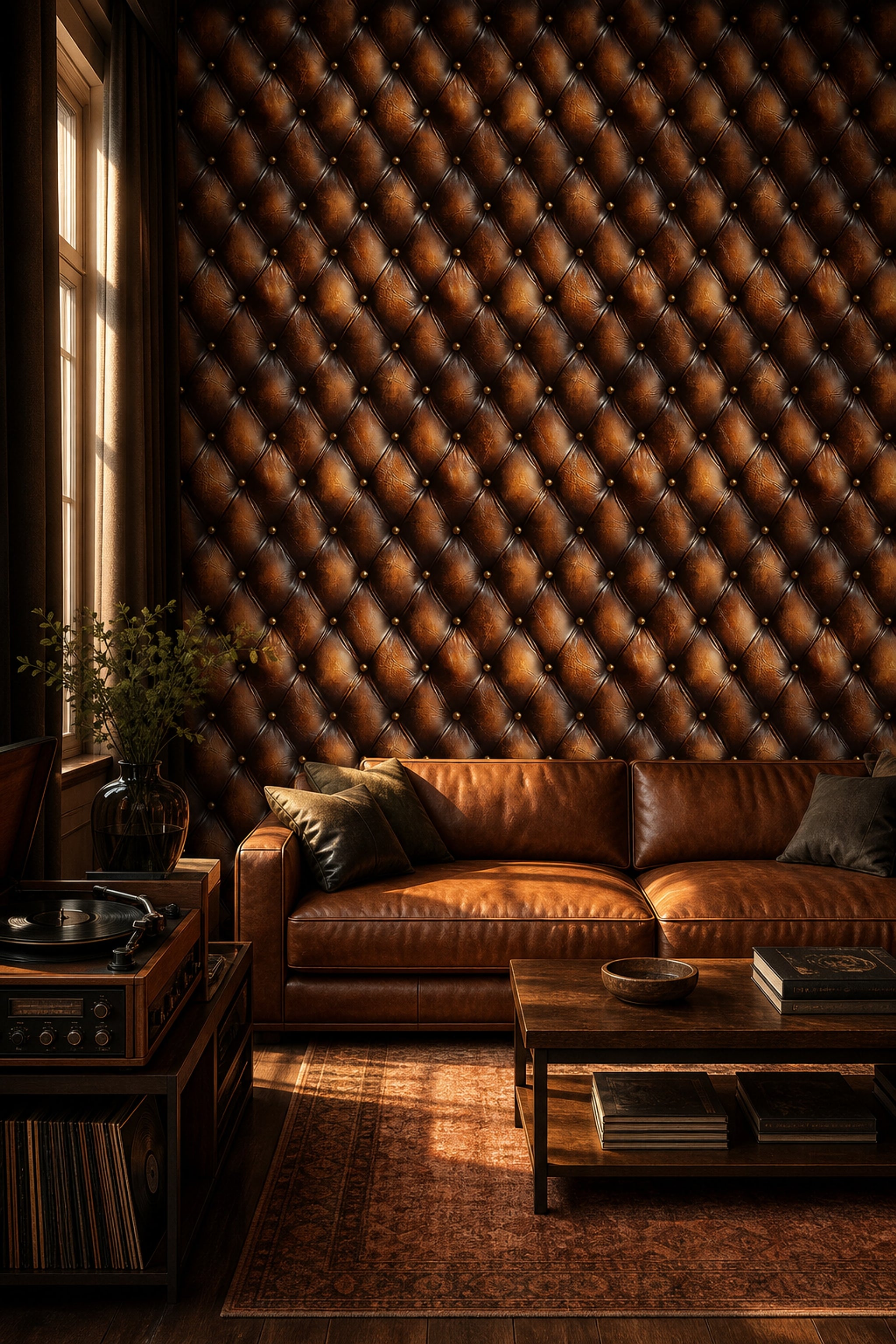 Dark Tufted Leather Wallpaper Diamond Quilted Chesterfield Style Decorative Mural