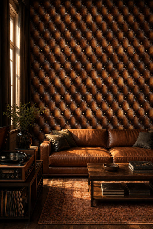 Dark Tufted Leather Wallpaper Diamond Quilted Chesterfield Style Decorative Mural