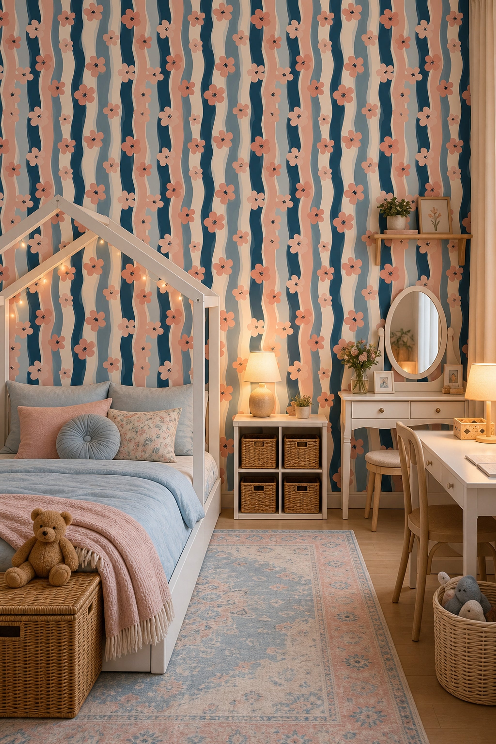 Pink Blossoms Wallpaper Wavy Stripes Modern Decorative Mural
