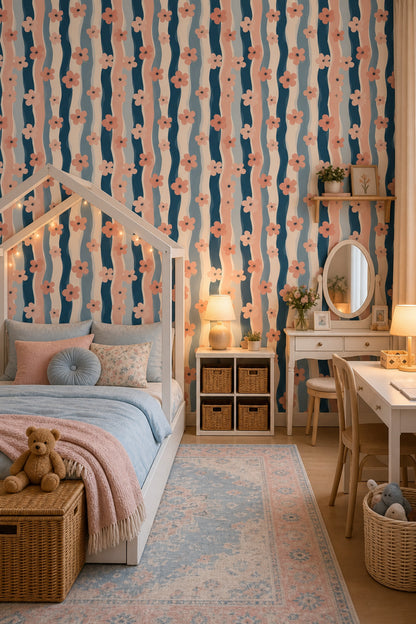 Pink Blossoms Wallpaper Wavy Stripes Modern Decorative Mural