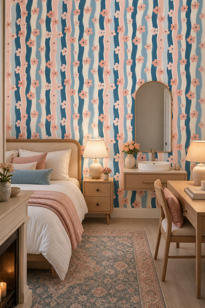 Pink Blossoms Wallpaper Wavy Stripes Modern Decorative Mural