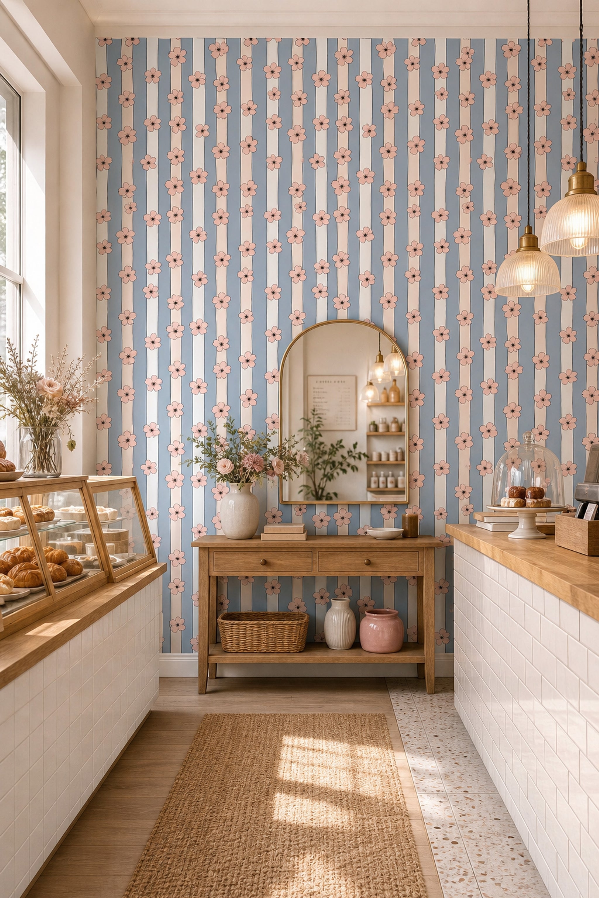 Peach Pink Blossoms Wallpaper Pastel Blue Removable Scandinavian Wall Double Roll