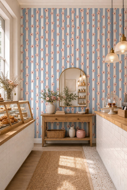 Peach Pink Blossoms Wallpaper Pastel Blue Removable Scandinavian Wall Double Roll