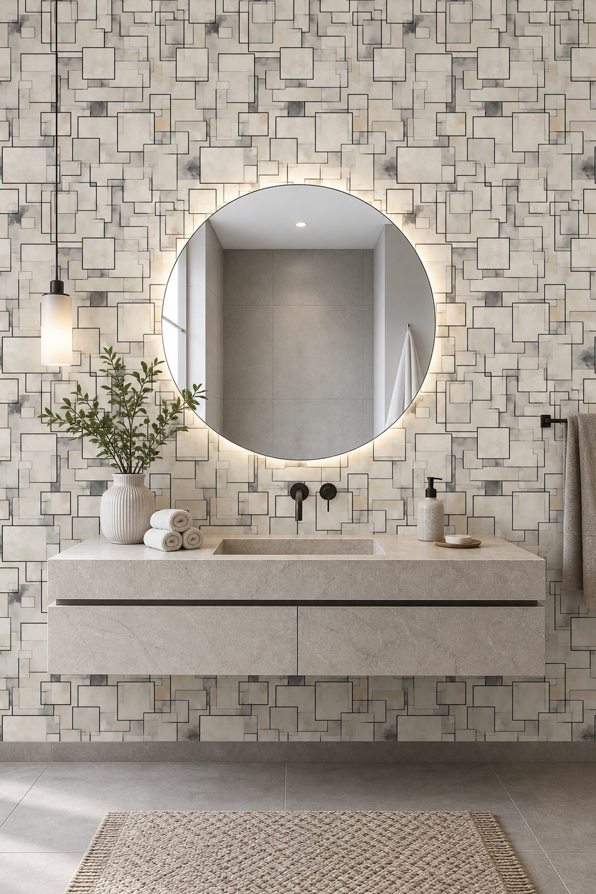 Abstract Geometric Wallpaper Overlapping Rectangles Black Outline Decorative Mural