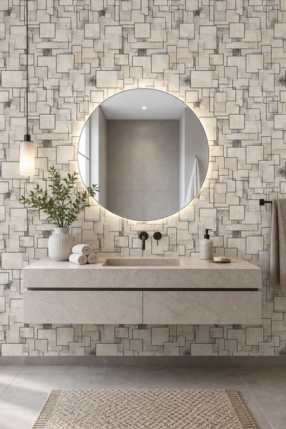 Abstract Geometric Wallpaper Overlapping Rectangles Black Outline Decorative Mural