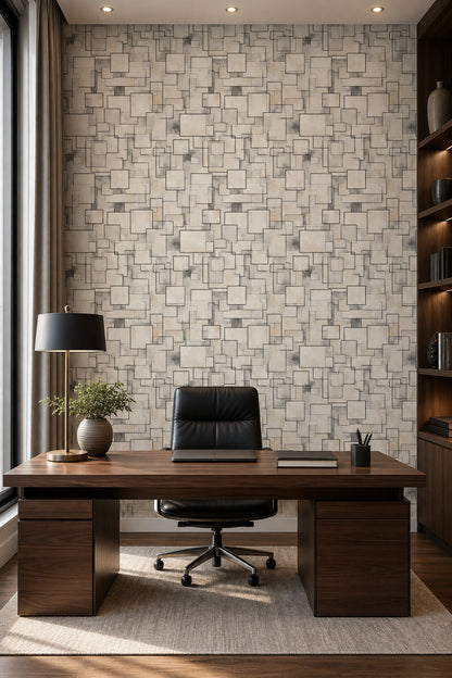 Abstract Geometric Wallpaper Overlapping Rectangles Black Outline Decorative Mural