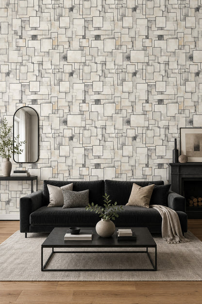 Abstract Geometric Wallpaper Overlapping Rectangles Black Outline Decorative Mural