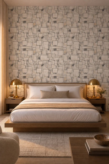 Abstract Geometric Wallpaper Overlapping Rectangles Black Outline Decorative Mural