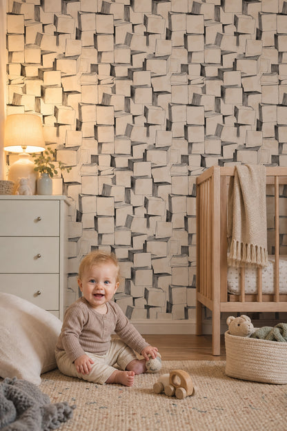Stacked Cubes Wallpaper 3D Blocks Removable Black Ink Linework Wall Double Roll