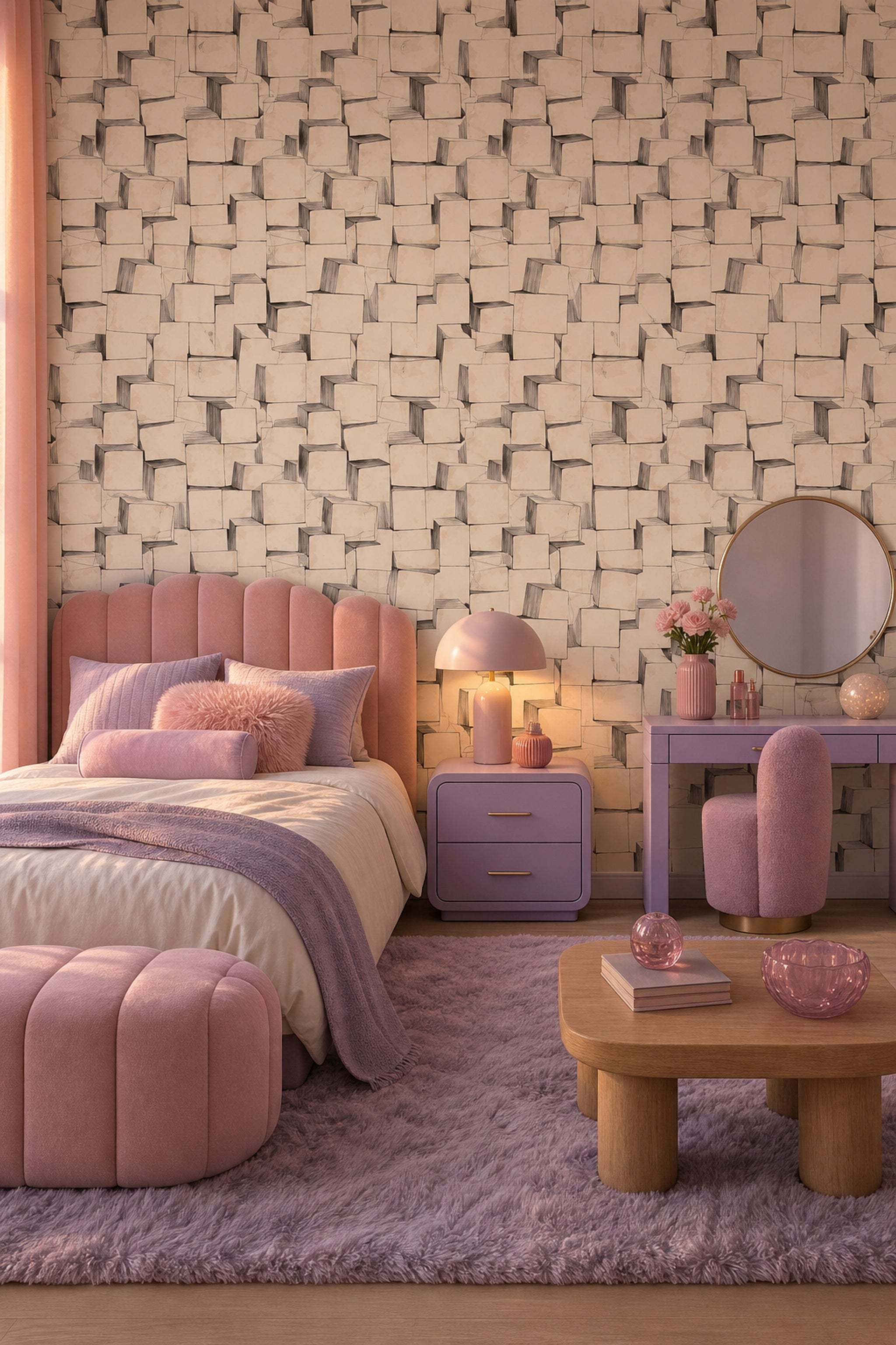 Stacked Cubes Wallpaper 3D Blocks Removable Black Ink Linework Wall Double Roll