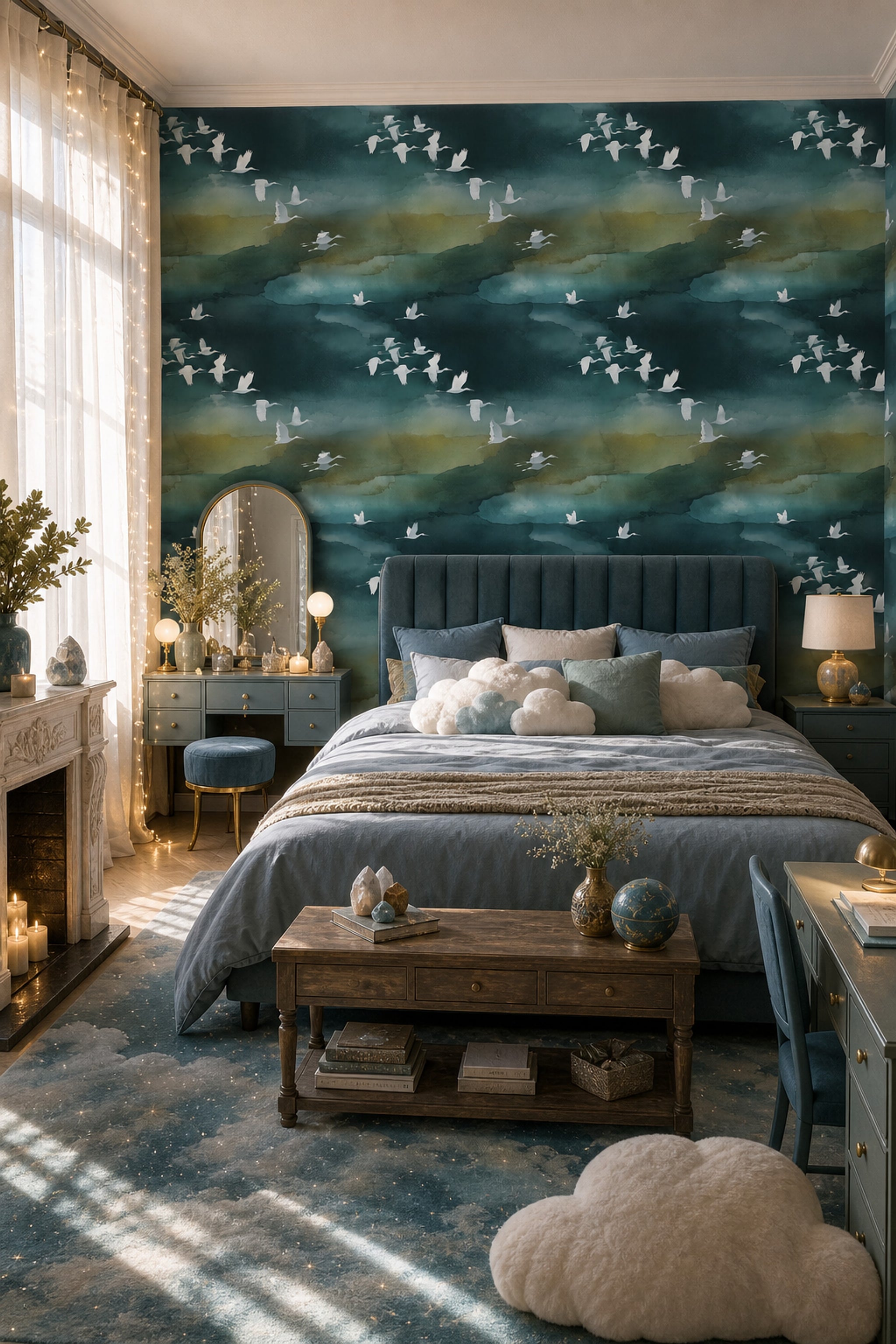 Dark Teal Wallpaper Watercolor Wash Flying Birds Removable Wall Decor
