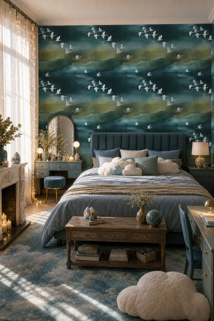 Dark Teal Wallpaper Watercolor Wash Flying Birds Removable Wall Decor