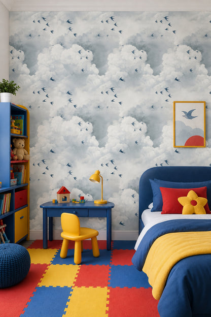 Cloudscape Wallpaper Swallows Watercolor Decorative Mural