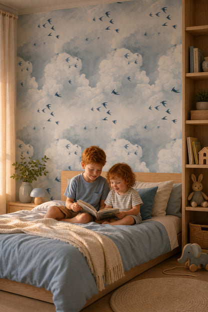 Cloudscape Wallpaper Swallows Watercolor Decorative Mural