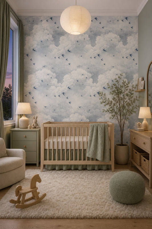 Cloudscape Wallpaper Swallows Watercolor Decorative Mural