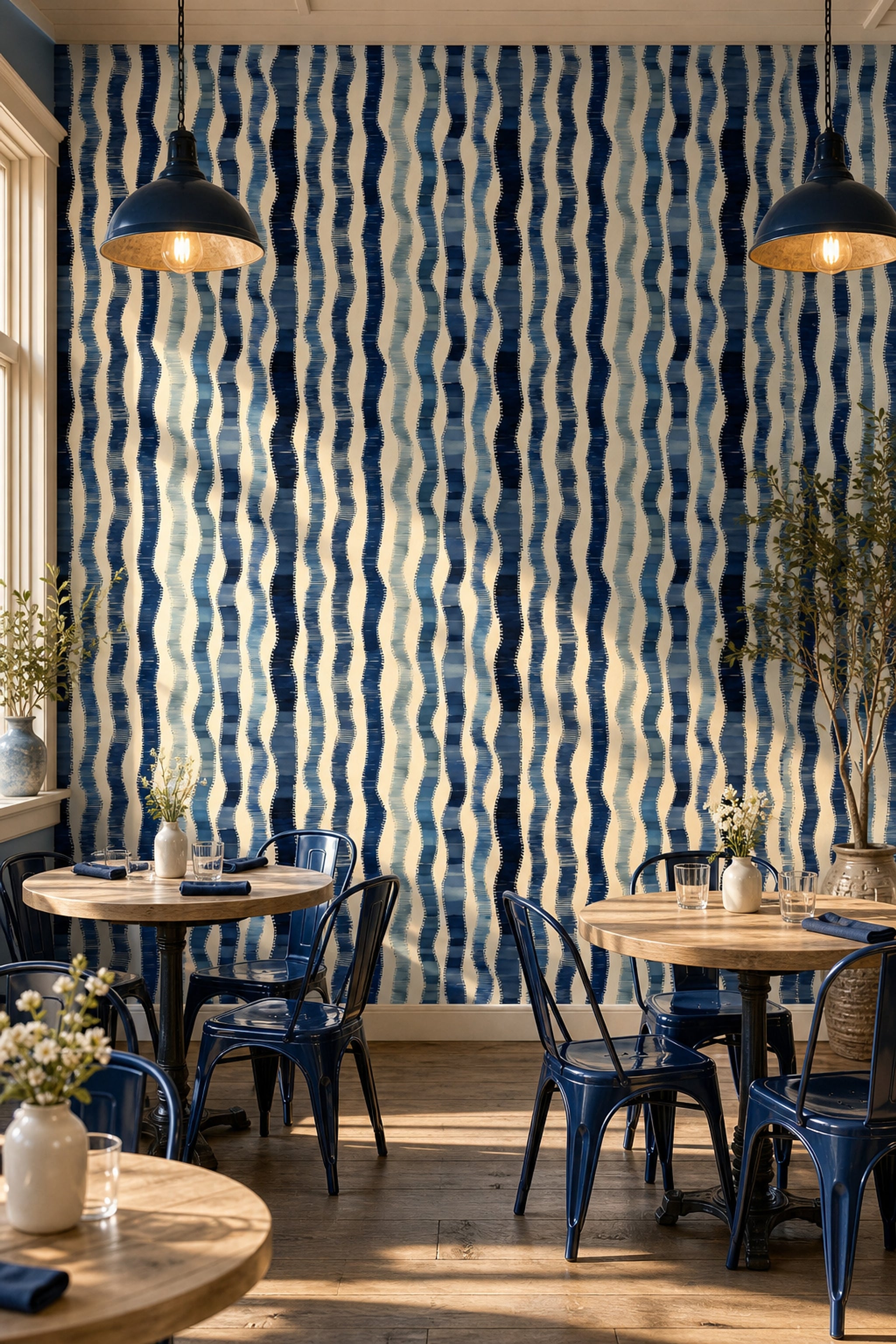 Blue Watercolor Stripes Wallpaper Abstract Wavy Vertical Bands Coastal Nautical Removable Wall Decor