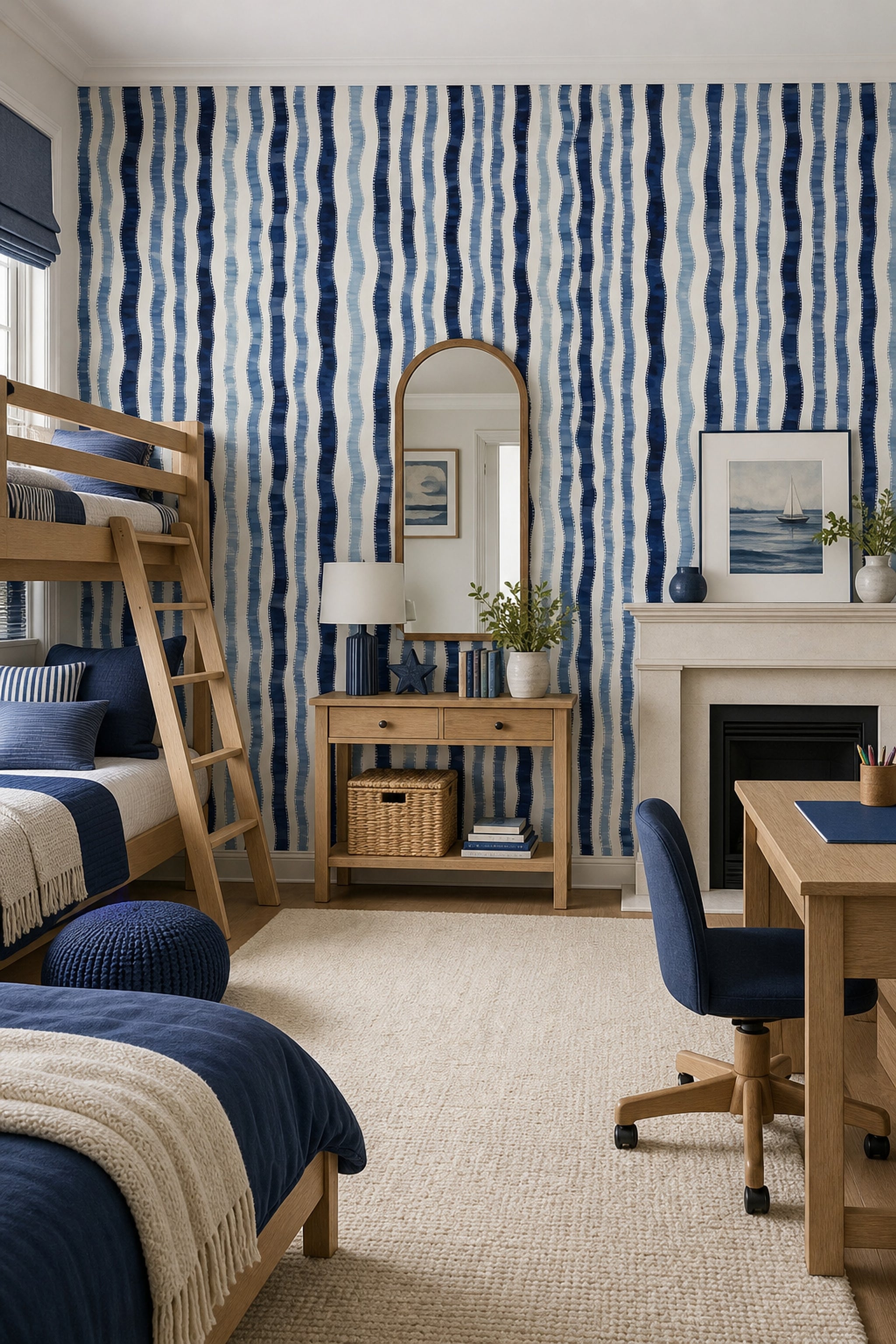 Blue Watercolor Stripes Wallpaper Abstract Wavy Vertical Bands Coastal Nautical Removable Wall Decor