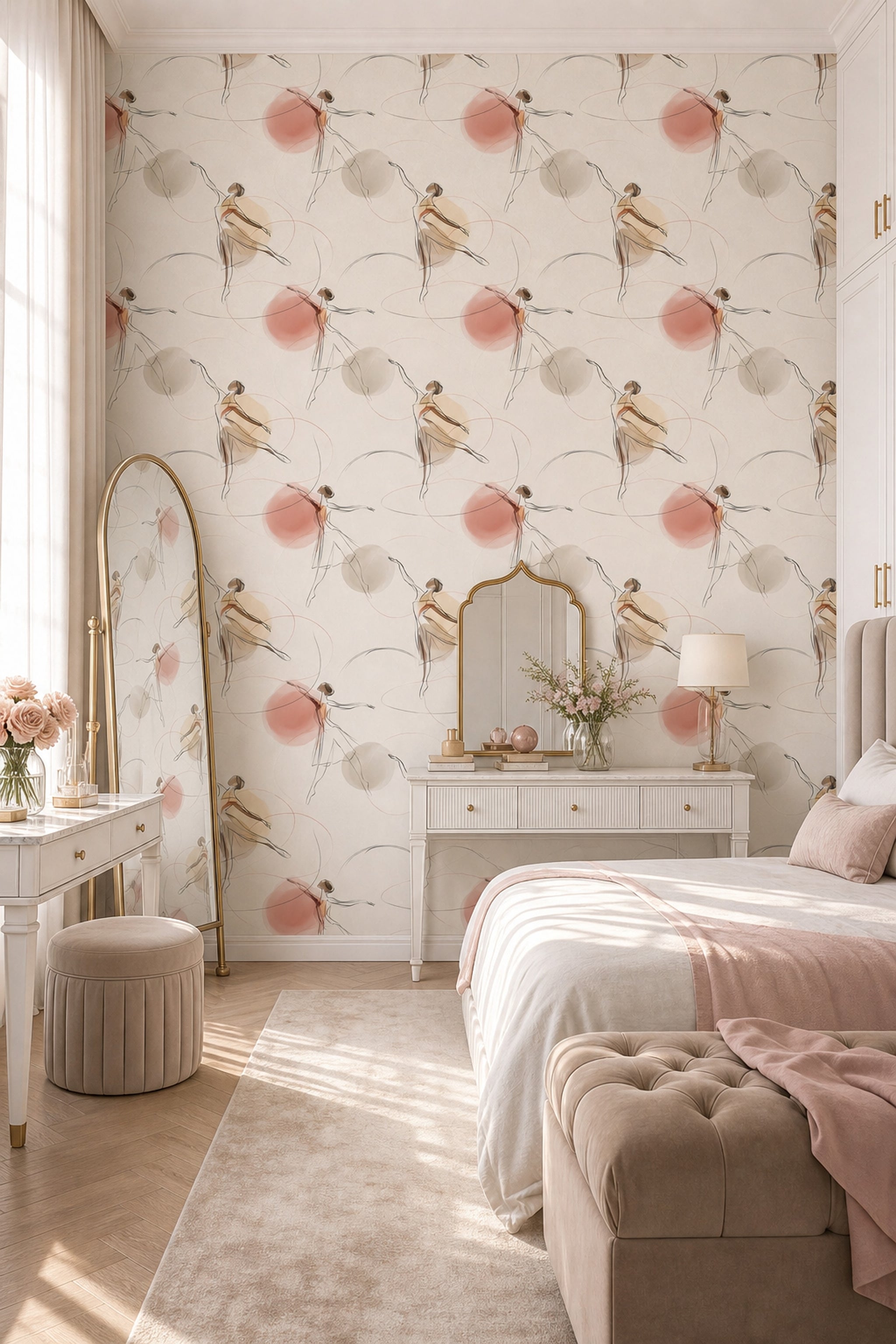 Line Art Wallpaper Dancers Cream Background Removable Wall Decor