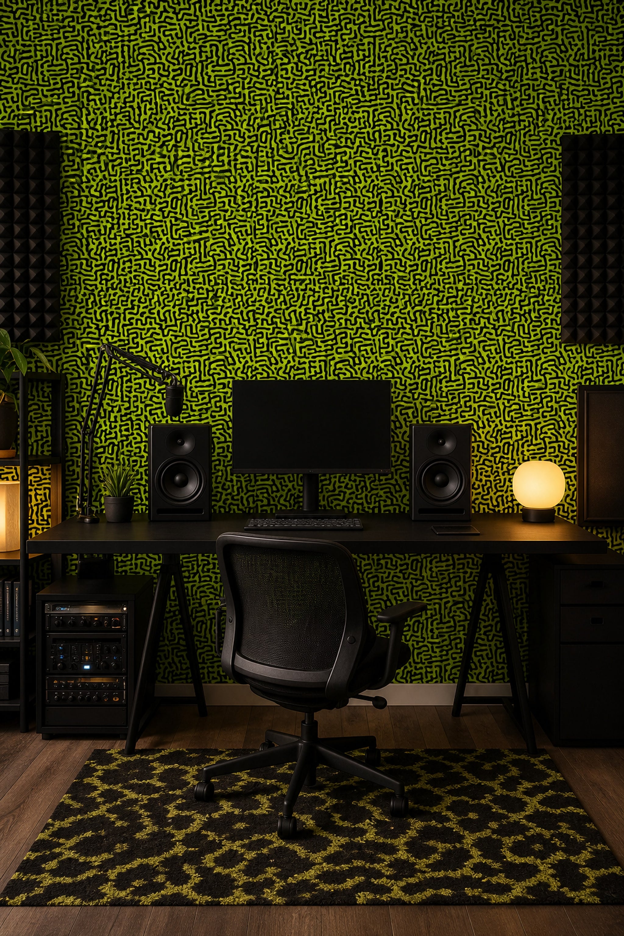Labyrinth Wallpaper Neon Green Removable Black Squiggles Wall Double Roll