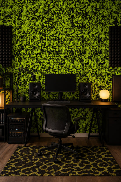 Labyrinth Wallpaper Neon Green Removable Black Squiggles Wall Double Roll