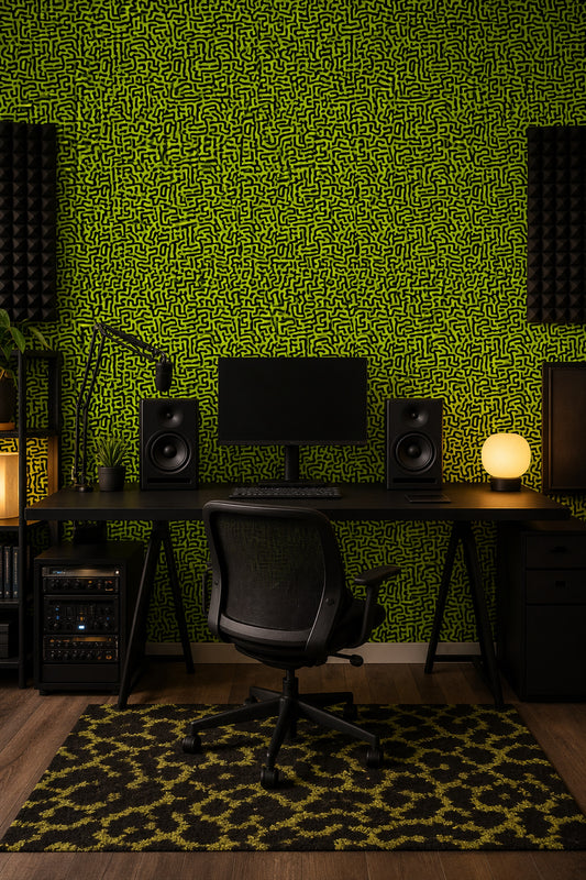 Labyrinth Wallpaper Neon Green Removable Black Squiggles Wall Double Roll