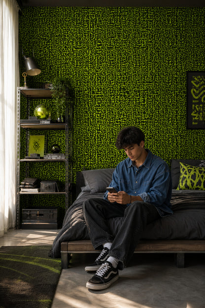 Labyrinth Wallpaper Neon Green Removable Black Squiggles Wall Double Roll