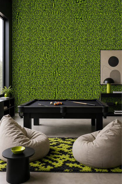 Labyrinth Wallpaper Neon Green Removable Black Squiggles Wall Double Roll