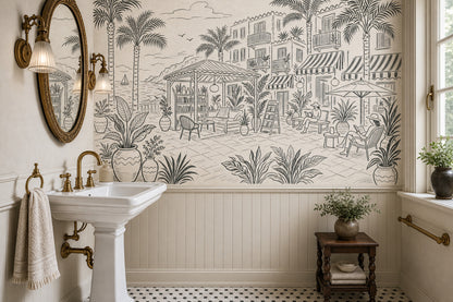Mediterranean Coastal Terrace Wallpaper Seaside Resort Removable Palm Trees Wall Decor