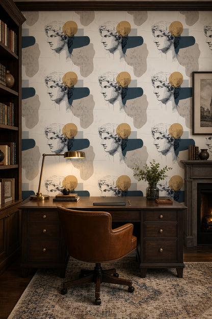 Classical Bust Wallpaper Greco Roman Statue Removable Abstract Shapes Wall Double Roll