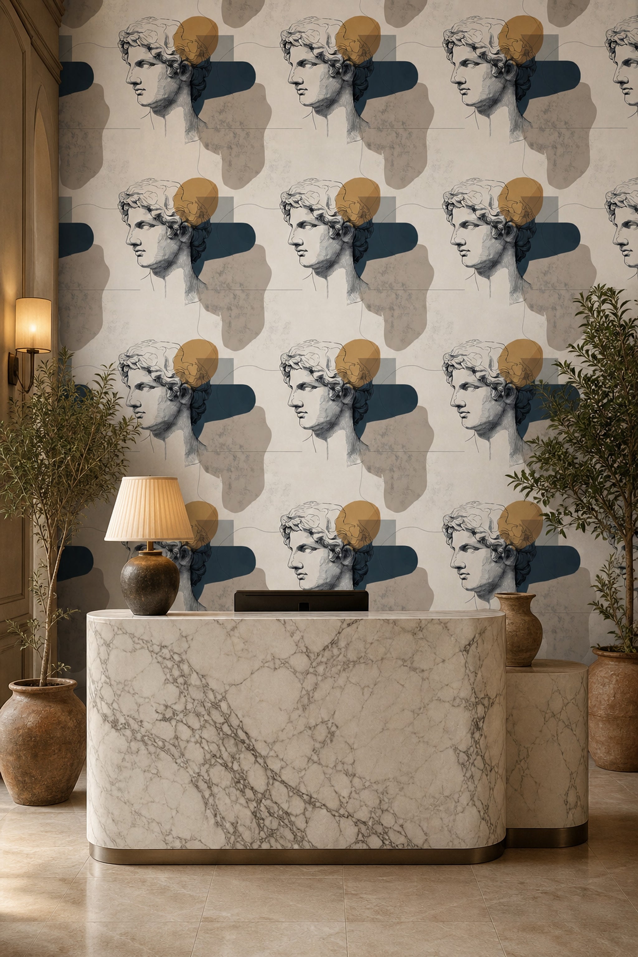 Classical Bust Wallpaper Greco Roman Statue Removable Abstract Shapes Wall Double Roll
