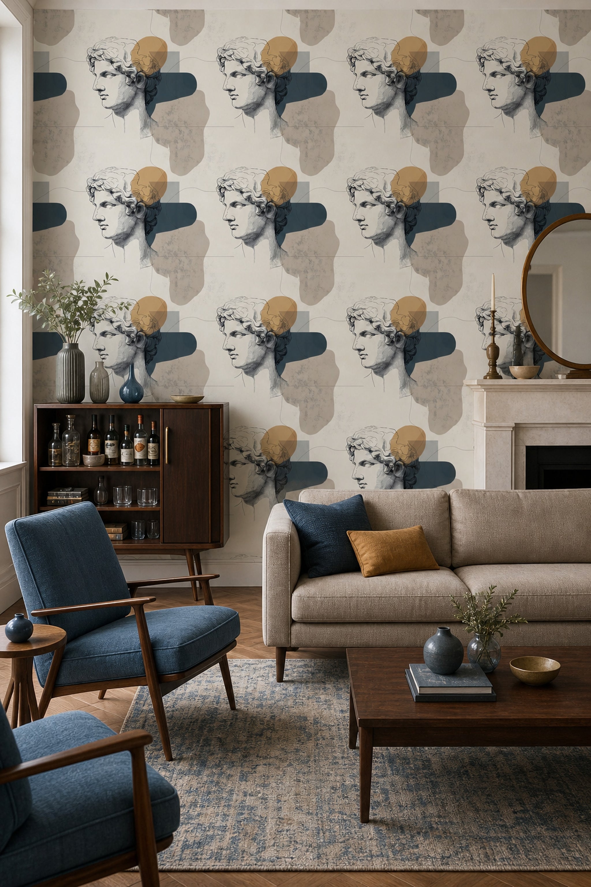 Classical Bust Wallpaper Greco Roman Statue Removable Abstract Shapes Wall Double Roll