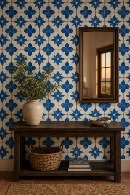 Geometric Tile Wallpaper Blue And White Starburst Rosette Decorative Mural