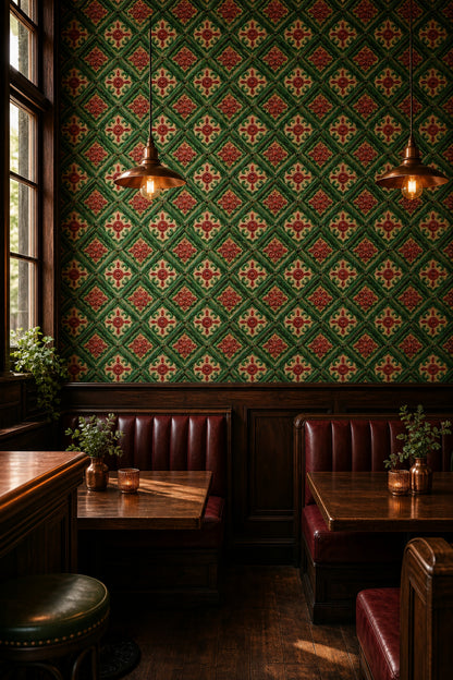 Ornate Tile Wallpaper Green Lattice Red Rosette Decorative Mural