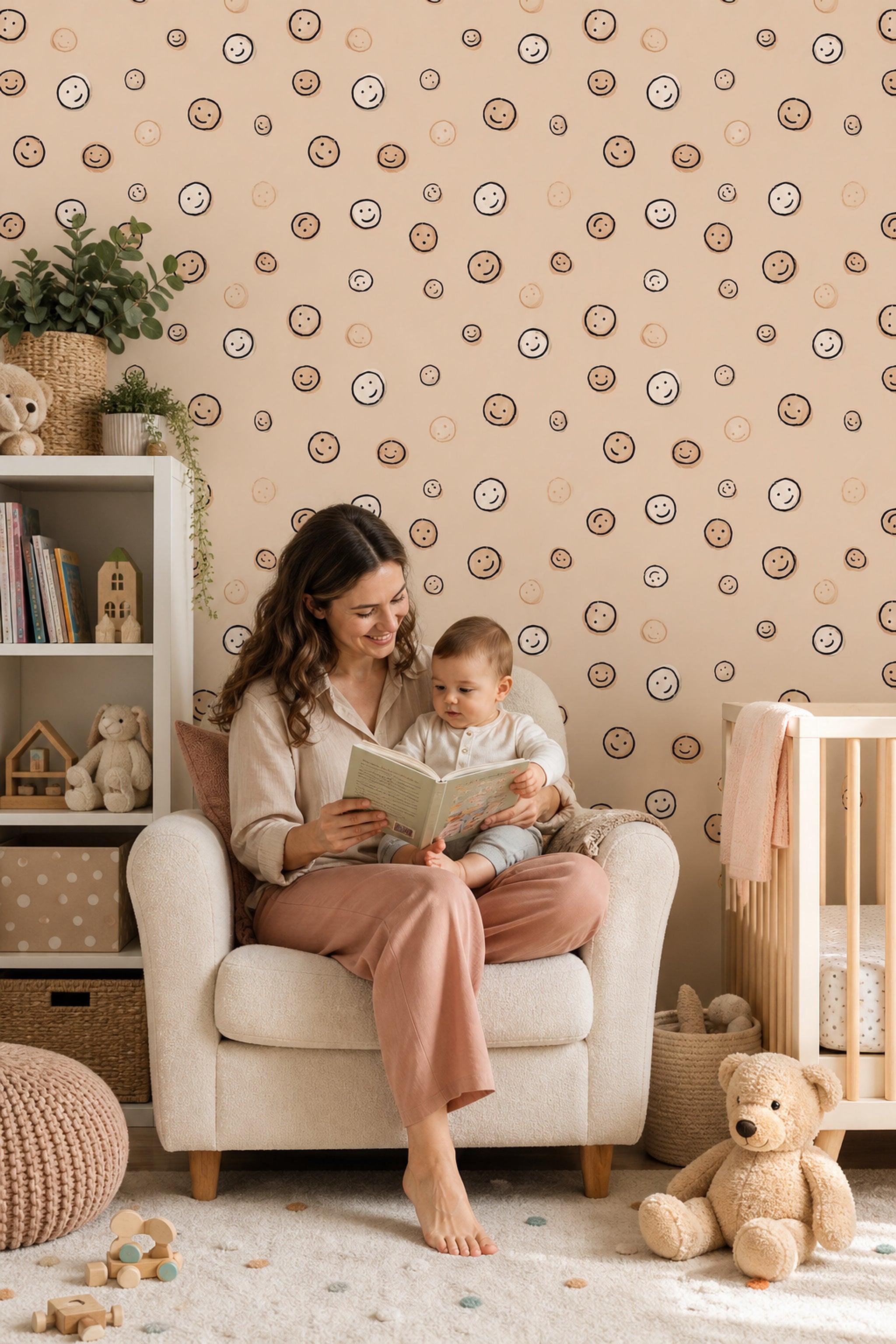 Smiley Faces Wallpaper Hand Drawn Watercolor Wash Decorative Mural