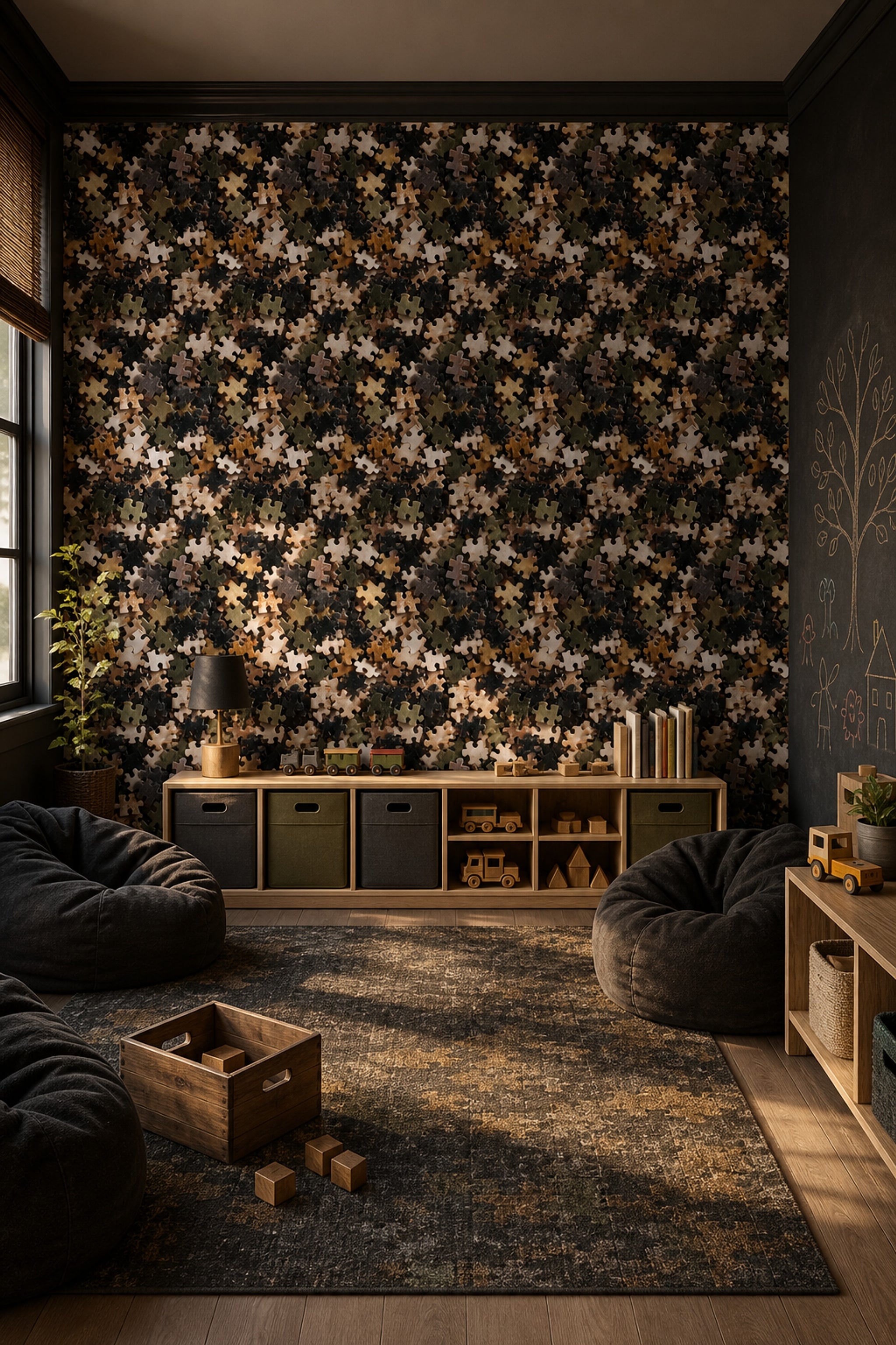 Jigsaw Puzzle Wallpaper Dark Geometric Decorative Mural