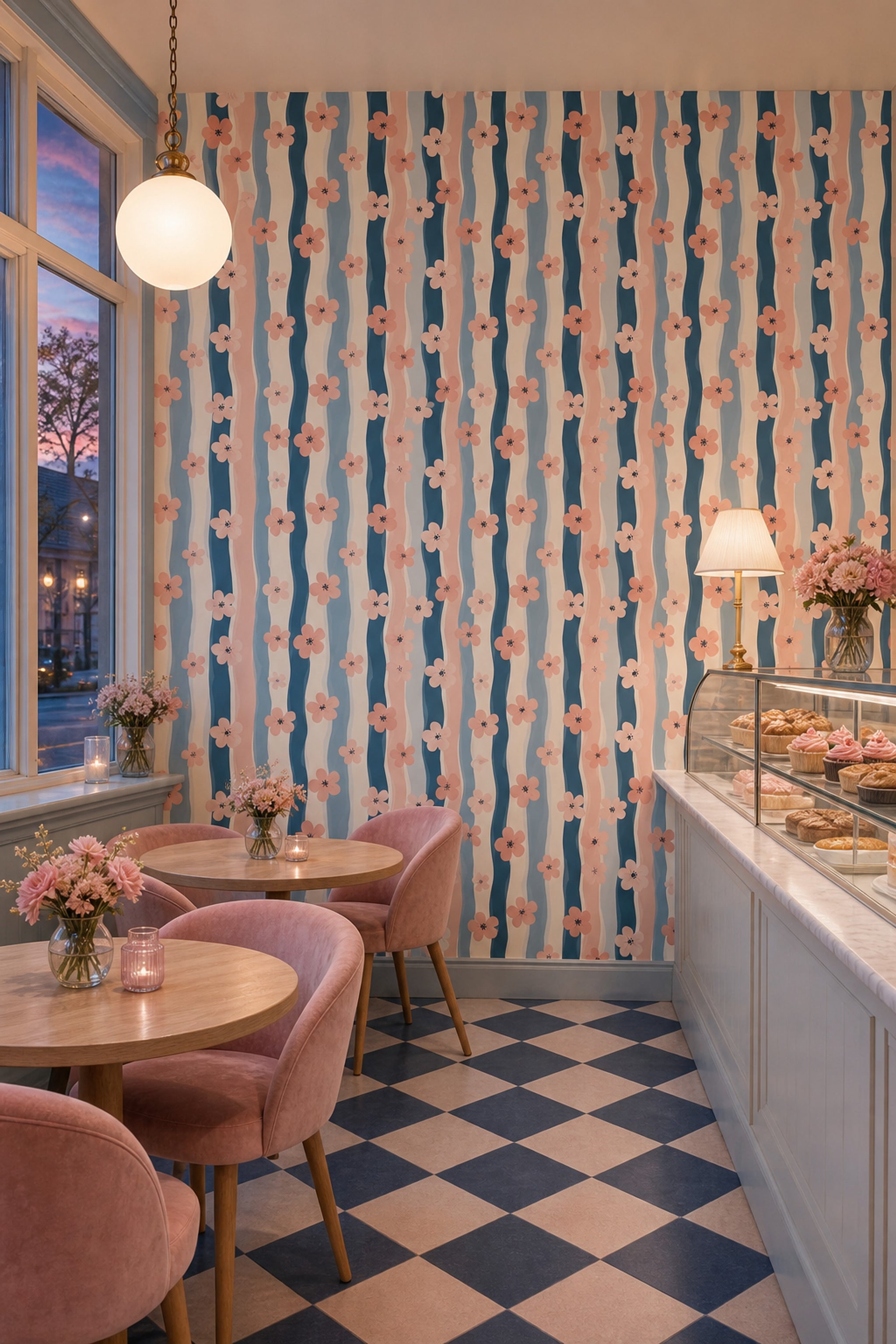 Pink Blossoms Wallpaper Wavy Stripes Modern Decorative Mural