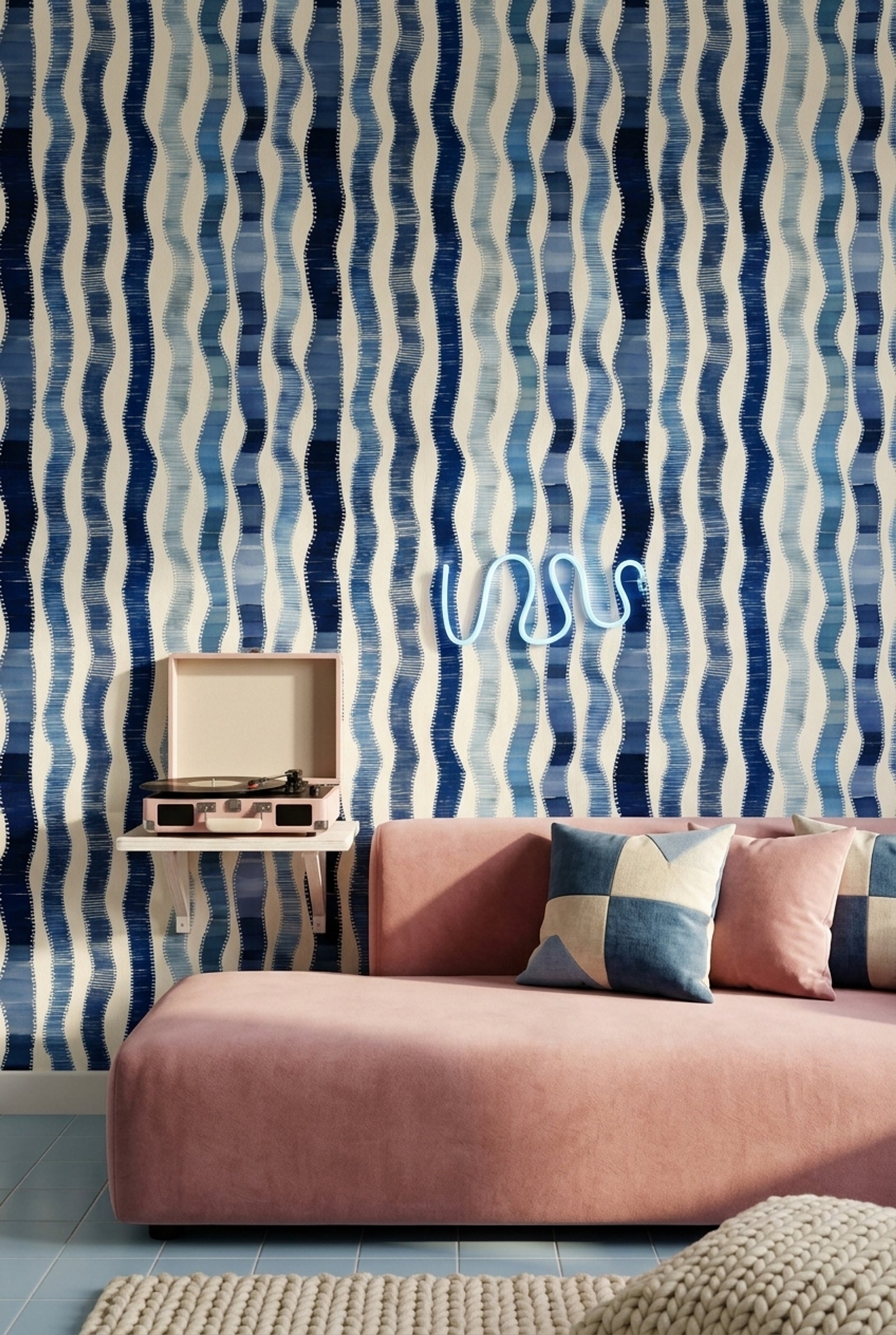 Blue Watercolor Stripes Wallpaper Abstract Wavy Vertical Bands Coastal Nautical Removable Wall Decor